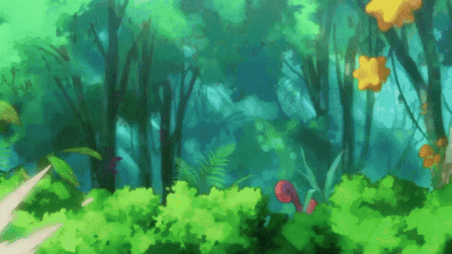 a painting of a lush green forest with trees and bushes