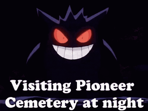 a poster that says visiting pioneer cemetery at night with a cartoon character