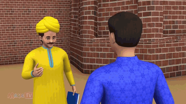 a man in a yellow turban is talking to another man