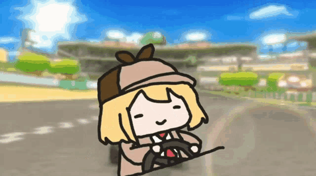 a cartoon of a girl wearing a hat driving a car on a track .