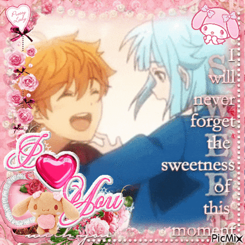 a picture of a boy and girl with the words " i will never forget the sweetness of this moment " on it