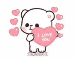 a bear is holding a heart that says `` i love you '' surrounded by pink hearts .