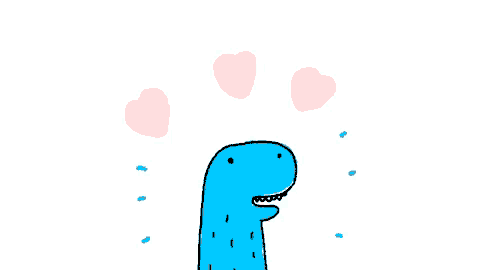 a cartoon drawing of a blue dinosaur with pink hearts above its head