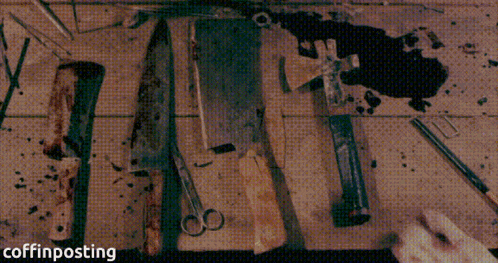 a table with knives and scissors on it and the words coffinposting on the bottom right
