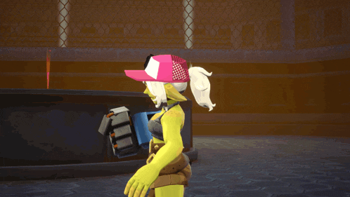 a cartoon character wearing a pink hat with a skull and crossbones on it