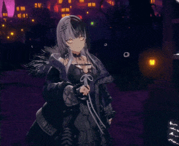 a girl in a black and purple outfit is smiling with her eyes closed