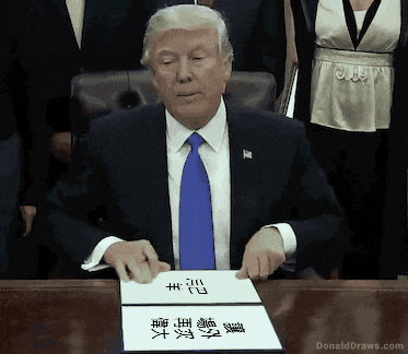 donald trump sits at a desk with a piece of paper that says donalddraws.com on it