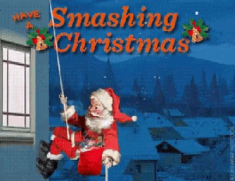 a christmas card with santa sitting on a swing and the words " have a smashing christmas "