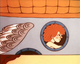 a cartoon drawing of a girl with red hair looking out a window
