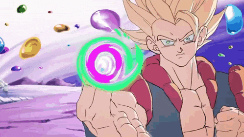 a cartoon of a man holding a green circle