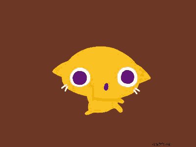 a cartoon drawing of a yellow cat with purple eyes and the name cindyshih on the bottom