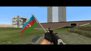 a screenshot of a video game shows a person holding a gun and waving an azerbaijan flag