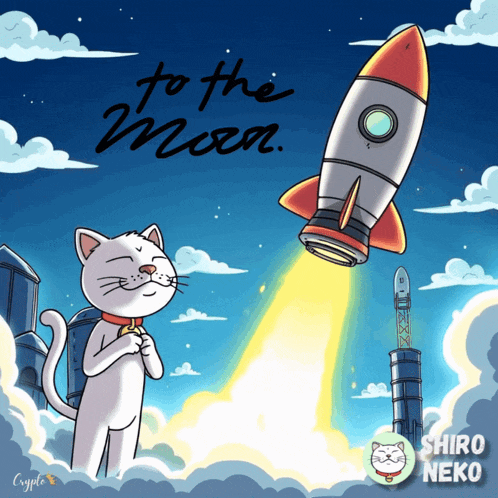 a cartoon of a cat standing next to a rocket with the words to the moon below it