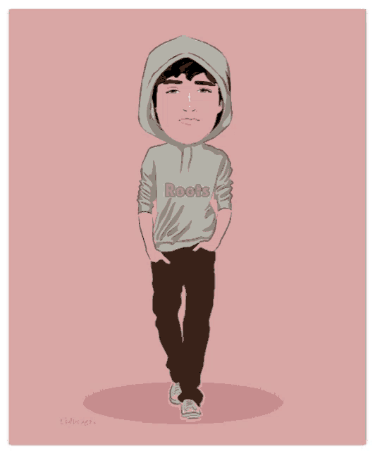 a cartoon drawing of a man wearing a hoodie that says roots