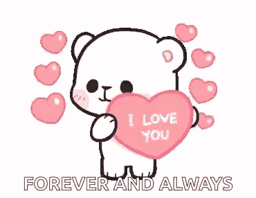 a teddy bear is holding a pink heart that says `` i love you '' surrounded by pink hearts .