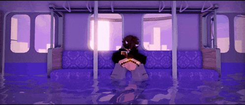 a person is sitting on a purple couch in a flooded train car