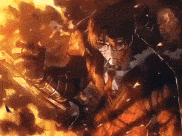 a man in a suit and tie is holding a sword in front of flames