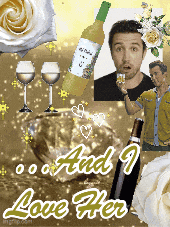 a picture of a man holding a glass of wine and the words " and i love her " on the bottom
