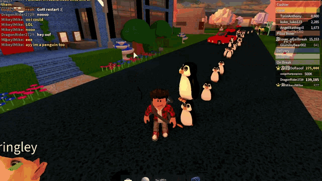 a screenshot of a video game shows a boy standing next to a penguin and a red car