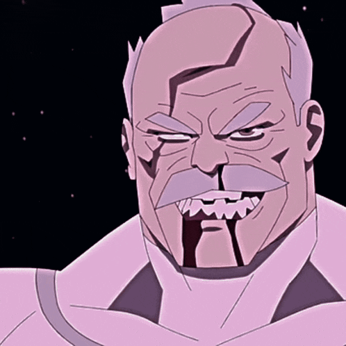 a cartoon drawing of a man with a mustache pointing at a purple ball