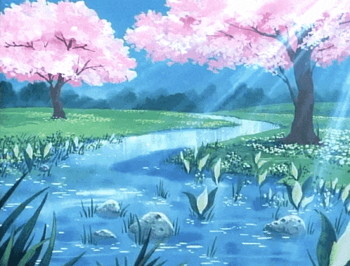 a painting of a river surrounded by trees with pink blossoms