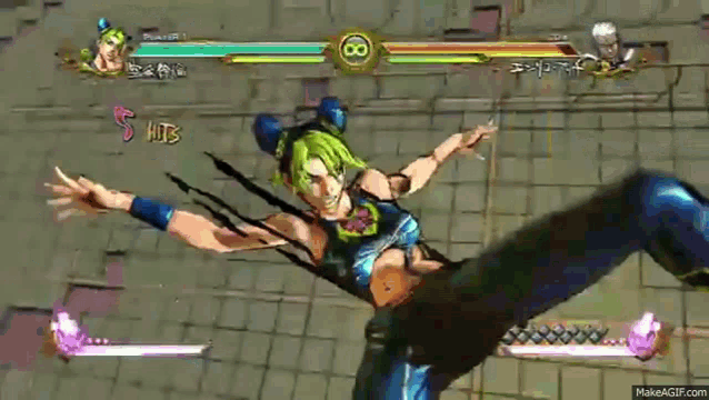 a cartoon character is holding a sword in a video game and has 5 hits on the screen .