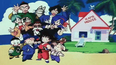 a group of cartoon characters are standing in front of a house that says kame house