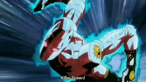 a killer queen from jojo 's bizarre adventure is flying through the air with a blue background .