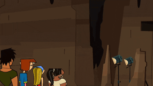 a group of cartoon characters standing in front of a projector