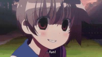 a cartoon girl with red eyes is smiling and says " fun "