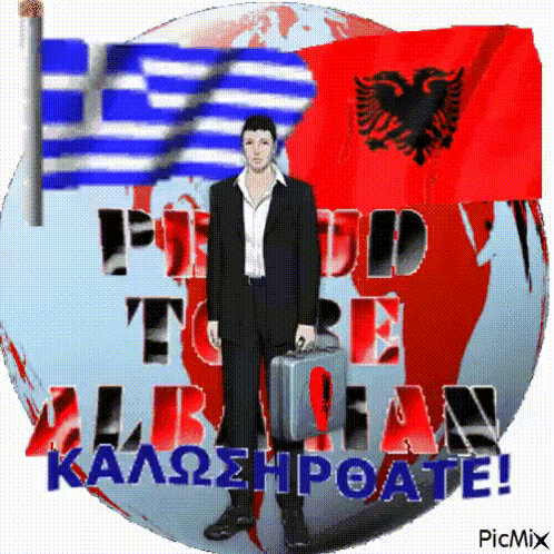 a man in a suit is holding a briefcase in front of a globe with the words proud to be albanian on it