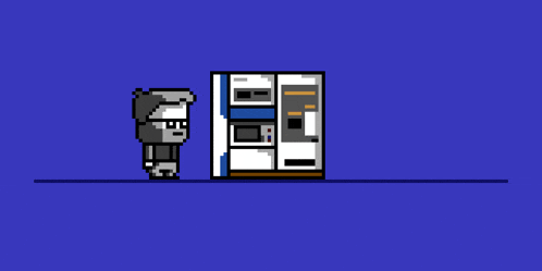 a pixel art of a man walking next to a machine