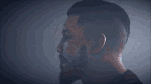 a man with a beard looks at the camera in a blurry photo