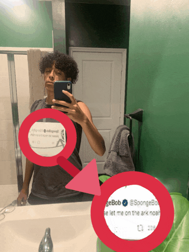 a person taking a selfie in front of a mirror with a red circle around it that says ' spongebob '