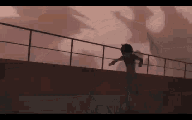 a person is running on a bridge with a railing .