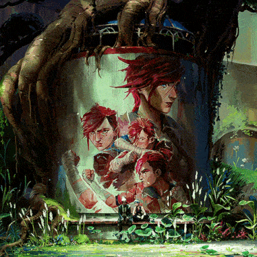 a painting of a group of people with red hair standing next to a tree