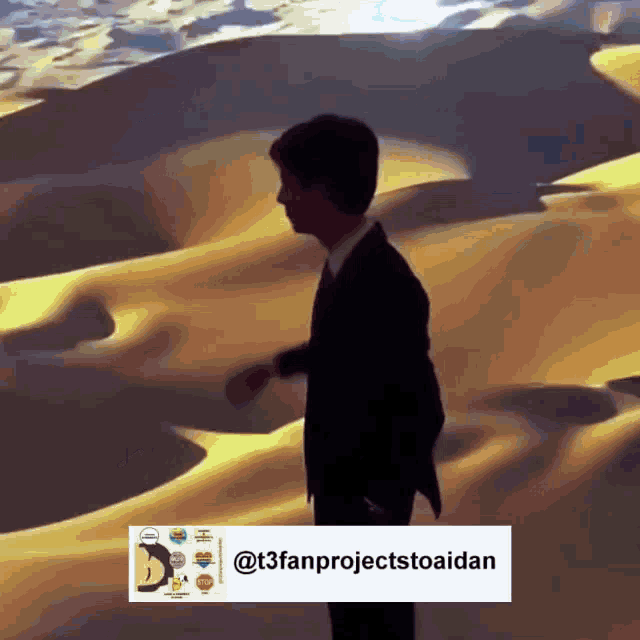 a man in a suit is standing in the middle of a desert next to a sticker that says @t3fanprojecttoaidan