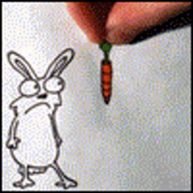 a drawing of a rabbit standing next to a carrot