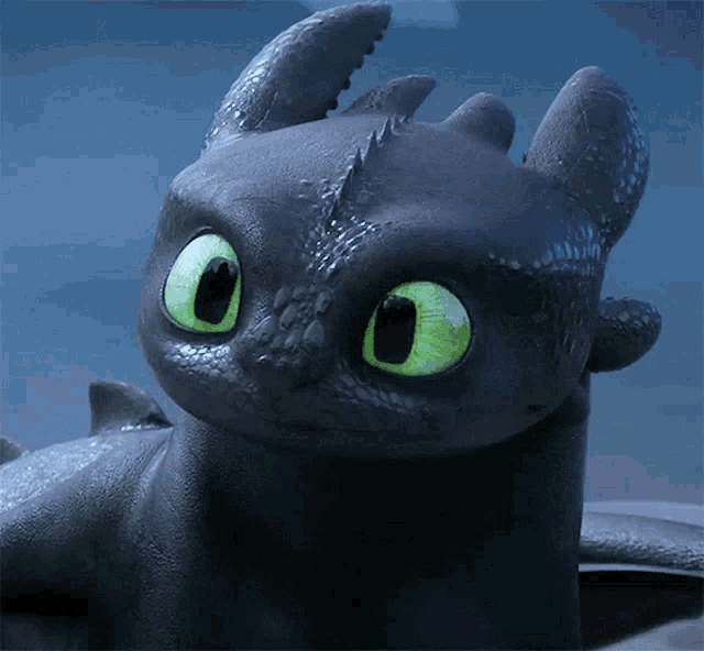 toothless from how to train your dragon is looking at the camera with green eyes