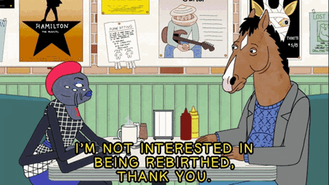a cartoon of a man and a horse sitting at a diner table with a hamilton poster on the wall