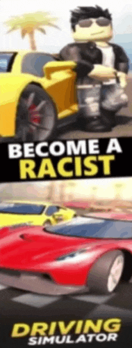 an advertisement for a driving simulator shows a man in a yellow car and a red car