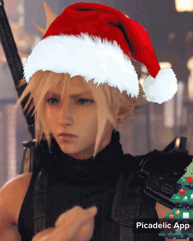 a video game character wearing a santa hat and a christmas tree
