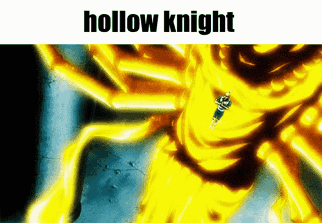 a picture of a hollow knight with a giant yellow monster in the background