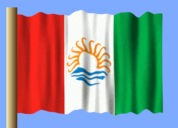 a red white and green flag with a sun in the center