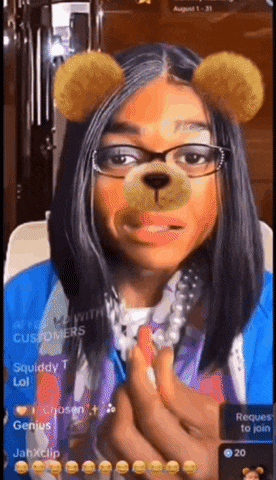 a woman wearing glasses and a teddy bear face filter on a phone screen