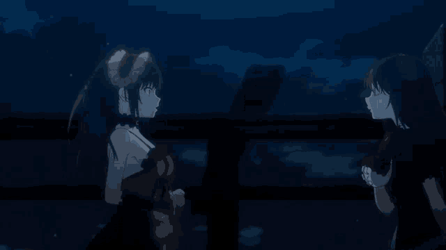 two anime girls are standing next to each other and looking at each other