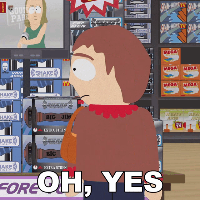 a cartoon character says oh yes in front of a display of products