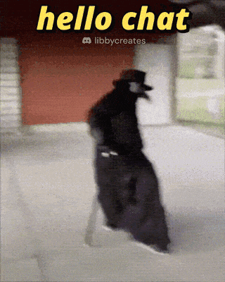a man in a black coat and top hat is walking down stairs with the words hello chat above him