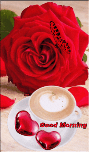 a red rose and a cup of coffee with the words good morning