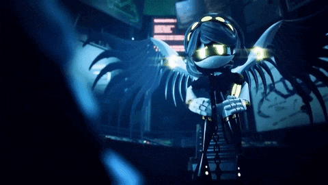 a robot with wings is standing in a dark room holding a camera .